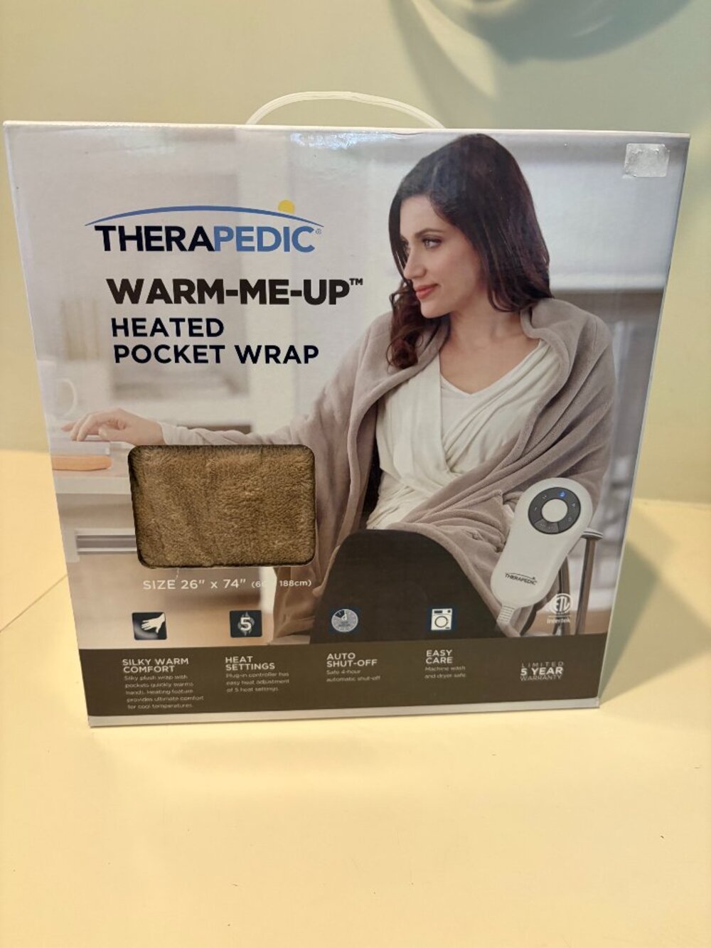 THERAPEDIC WARM-ME-UP HEATED POCKET WRAP SOFT THROW 26" x 74" Taupe Brand New